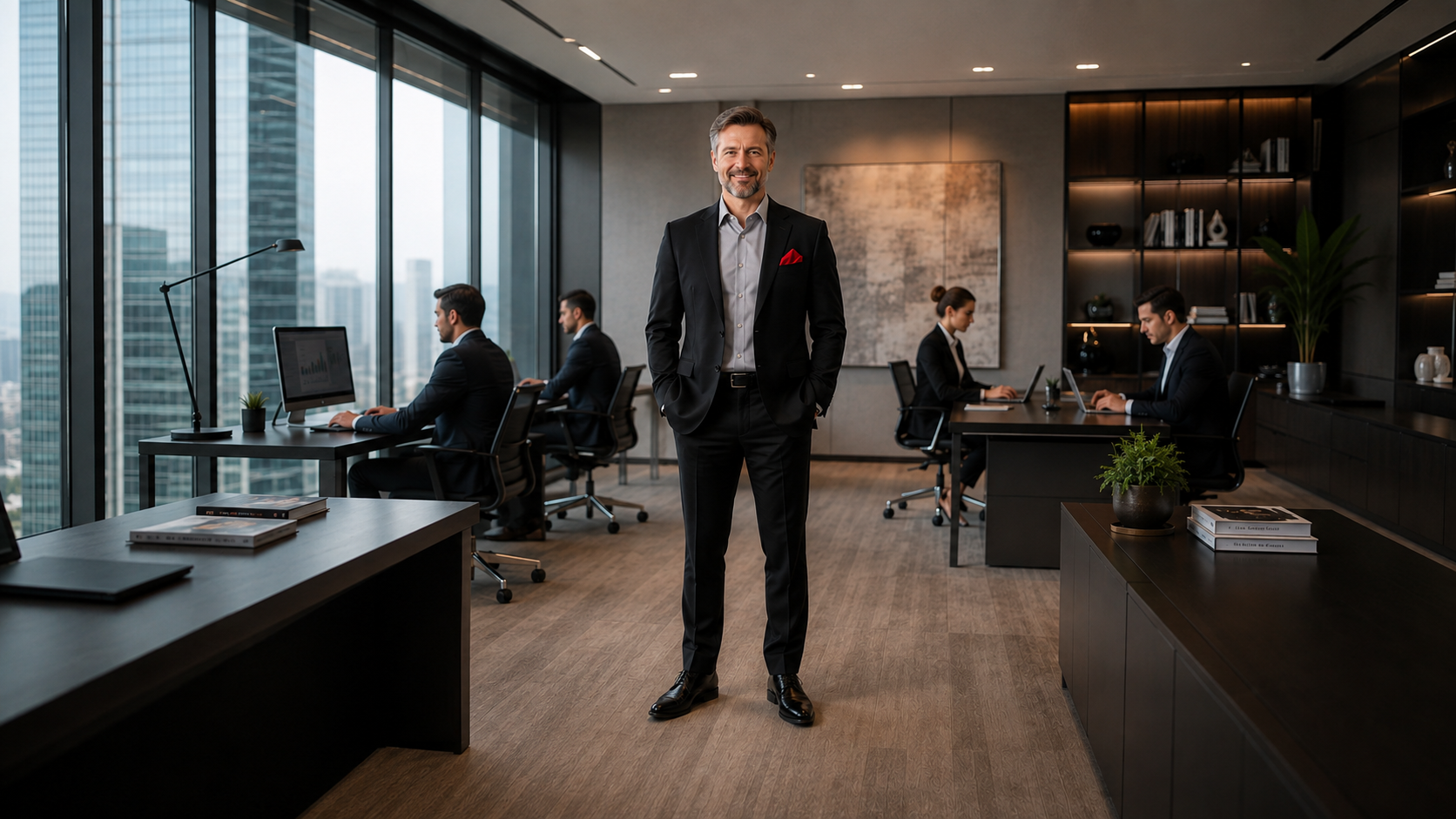 Empresário em escritório corporativo de alto padrão com vista para a cidade
